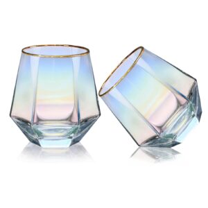 xkxkke diamond wine glass set of 2, 10 oz modern stemless gold rim glass cups drinking glassware for serving party,home,bar, restaurants colorful 2 pack