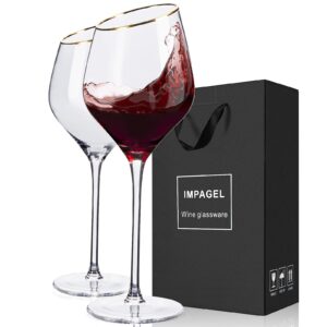 gold rimmed wine glasses set of 2,no-lead crystal long stem red wine glasses,hand blown unique white wine glasses with stem-for burgundy,cabernet,and bordeaux, christmas gift,15 oz-clear