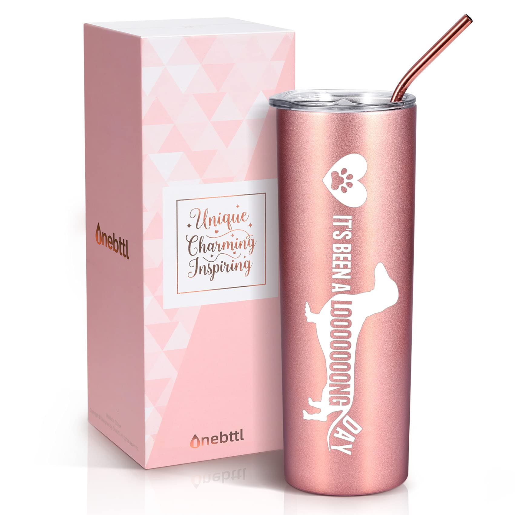 Onebttl Dachshund Mom Gifts, 20oz Skinny Tumbler for Dachshund Lovers, Weiner Dog Lovers, Women, Girls and Dog Mom, Rose Gold (It's Been A Long Day)