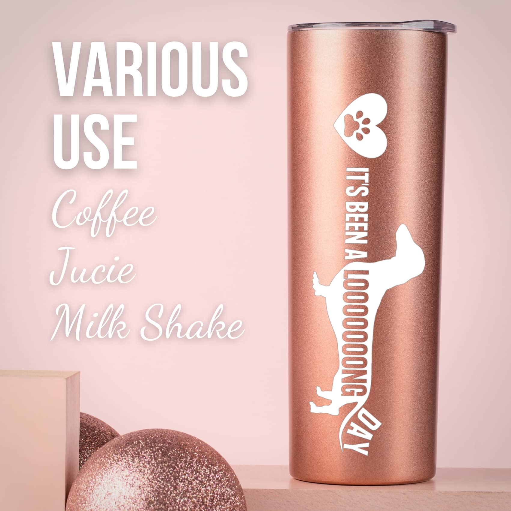 Onebttl Dachshund Mom Gifts, 20oz Skinny Tumbler for Dachshund Lovers, Weiner Dog Lovers, Women, Girls and Dog Mom, Rose Gold (It's Been A Long Day)