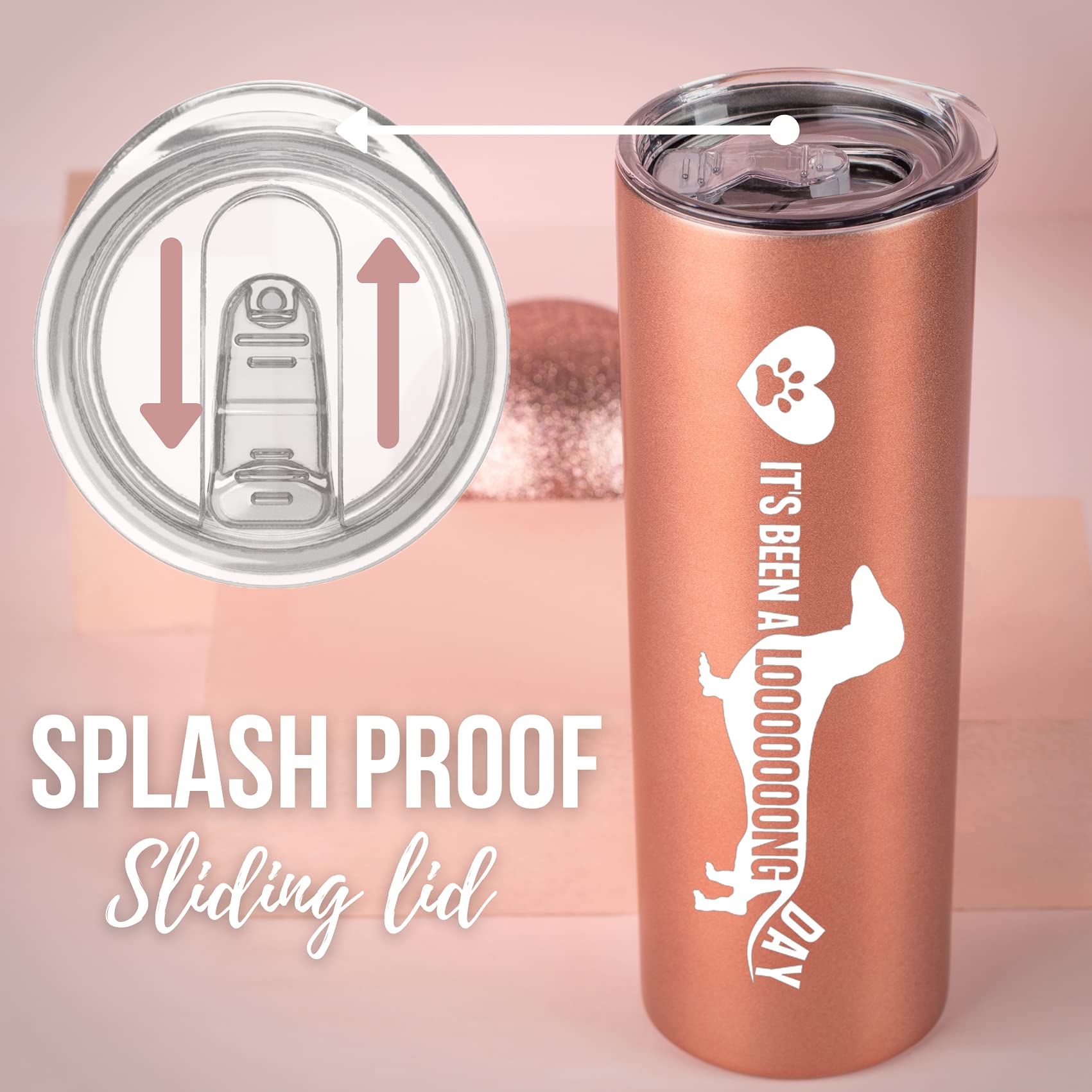 Onebttl Dachshund Mom Gifts, 20oz Skinny Tumbler for Dachshund Lovers, Weiner Dog Lovers, Women, Girls and Dog Mom, Rose Gold (It's Been A Long Day)