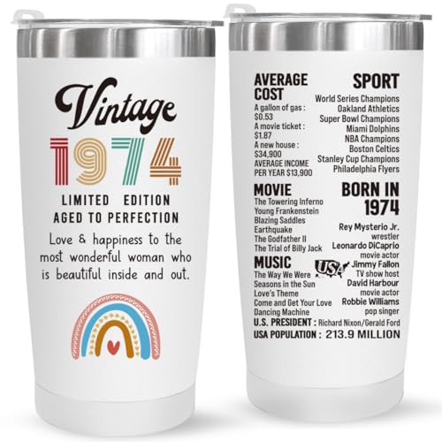 Jettryran 50th Birthday Gifts for Women Parents 50 Years Old Gifts- 20 oz Double-sided Vintage 1974 with Time Information Tumbler Cup（white） Turning 50- TW004