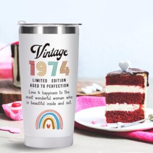 Jettryran 50th Birthday Gifts for Women Parents 50 Years Old Gifts- 20 oz Double-sided Vintage 1974 with Time Information Tumbler Cup（white） Turning 50- TW004