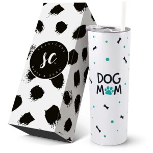 sassycups dog mom tumbler with straw | vacuum insulated stainless steel dog themed travel mug | cute cup for dog lover | new dog owner | dog items for women | from dog (20 oz, white, mint, black)