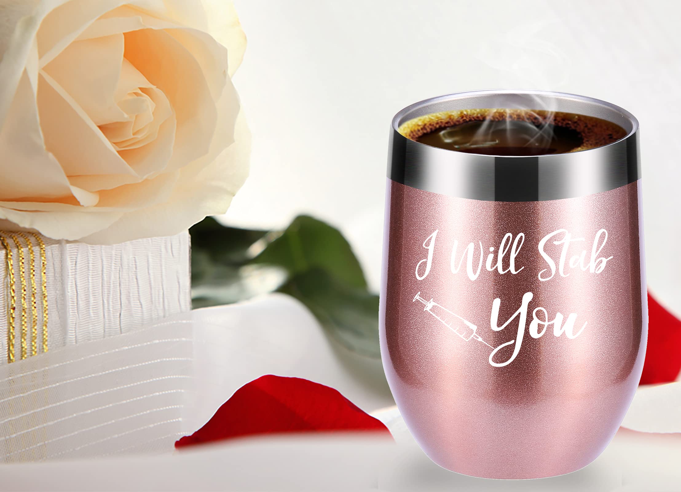 momocici I Will Stab You 12 OZ Wine Glasses Tumbler.Funny Nurse Week,Nurse Gifts.Gag Nursing Graduation Gifts for Nurse.Nurse Practitioner Gifts Travel Mug(Rose Gold)