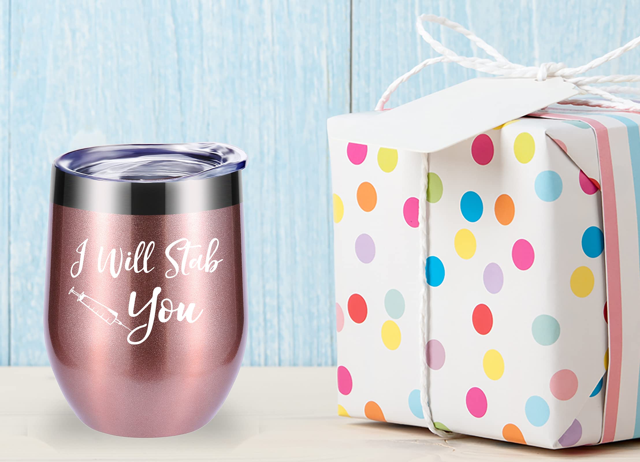 momocici I Will Stab You 12 OZ Wine Glasses Tumbler.Funny Nurse Week,Nurse Gifts.Gag Nursing Graduation Gifts for Nurse.Nurse Practitioner Gifts Travel Mug(Rose Gold)