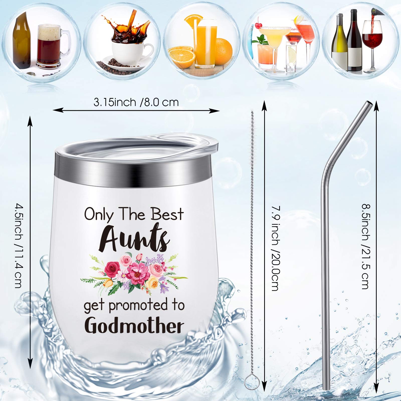 Only The Best Aunts Get Promoted To Godmother Coffee Mug, Aunt Godmother Gift for Mother's Day, Birthday, Christmas,Thanksgiving Day, 12 oz Wine Tumbler with Lid Straw and Brush