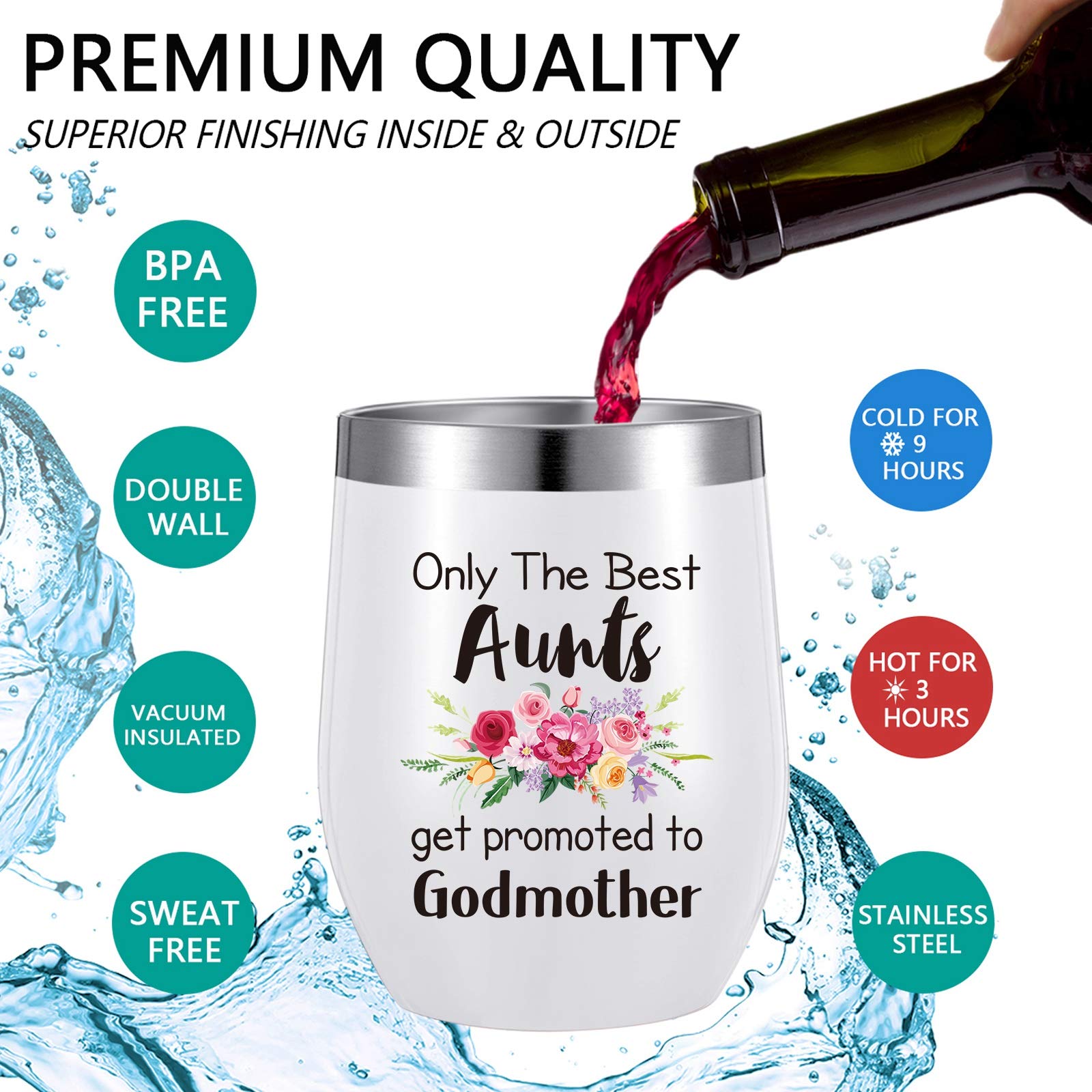 Only The Best Aunts Get Promoted To Godmother Coffee Mug, Aunt Godmother Gift for Mother's Day, Birthday, Christmas,Thanksgiving Day, 12 oz Wine Tumbler with Lid Straw and Brush