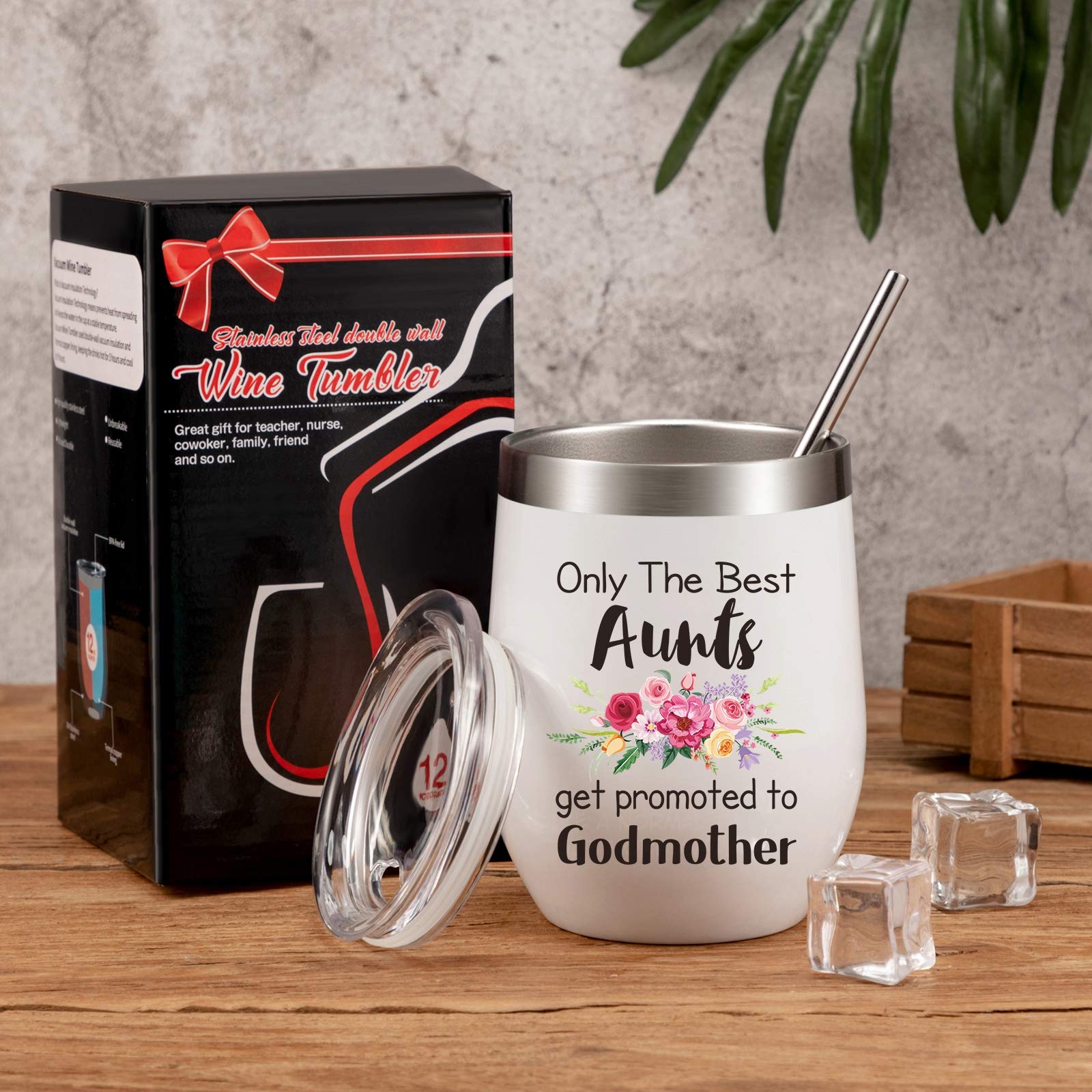Only The Best Aunts Get Promoted To Godmother Coffee Mug, Aunt Godmother Gift for Mother's Day, Birthday, Christmas,Thanksgiving Day, 12 oz Wine Tumbler with Lid Straw and Brush
