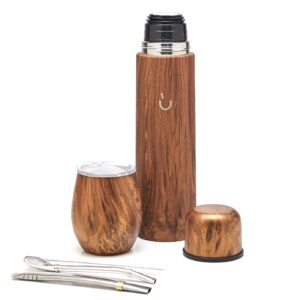 balibetov complete yerba mate set - modern mate gourd, thermos, bombilla and cleaning brush included - all premium quality 304 18/8 stainless steel (wood)
