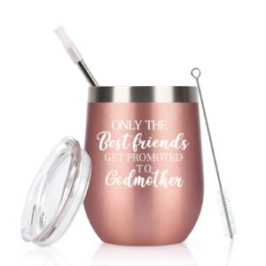godmother gifts, the best friends get promoted to godmother wine tumbler, christmas baby pregnancy announcement gifts for godmother friends, 12 oz stainless steel insulated tumbler with lid, rose gold