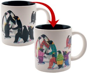 the unemployed philosophers guild penguin party heat changing color transforming reveal mug - add coffee and the penguins start the festivities