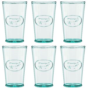 amici home milk glass | 11 oz | italian made, clear recycled glass with green tint | cute glass with cow motif for milk, water, juice, cocktails, fresh drinks (set of 6)