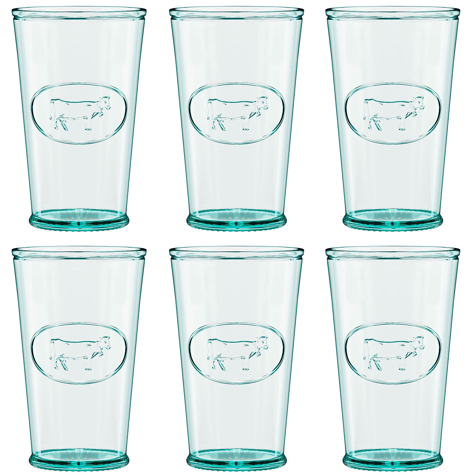 Amici Home Milk Glass | 11 Oz | Italian Made, Clear Recycled Glass with Green Tint | Cute Glass with Cow Motif for Milk, Water, Juice, Cocktails, Fresh Drinks (Set of 6)