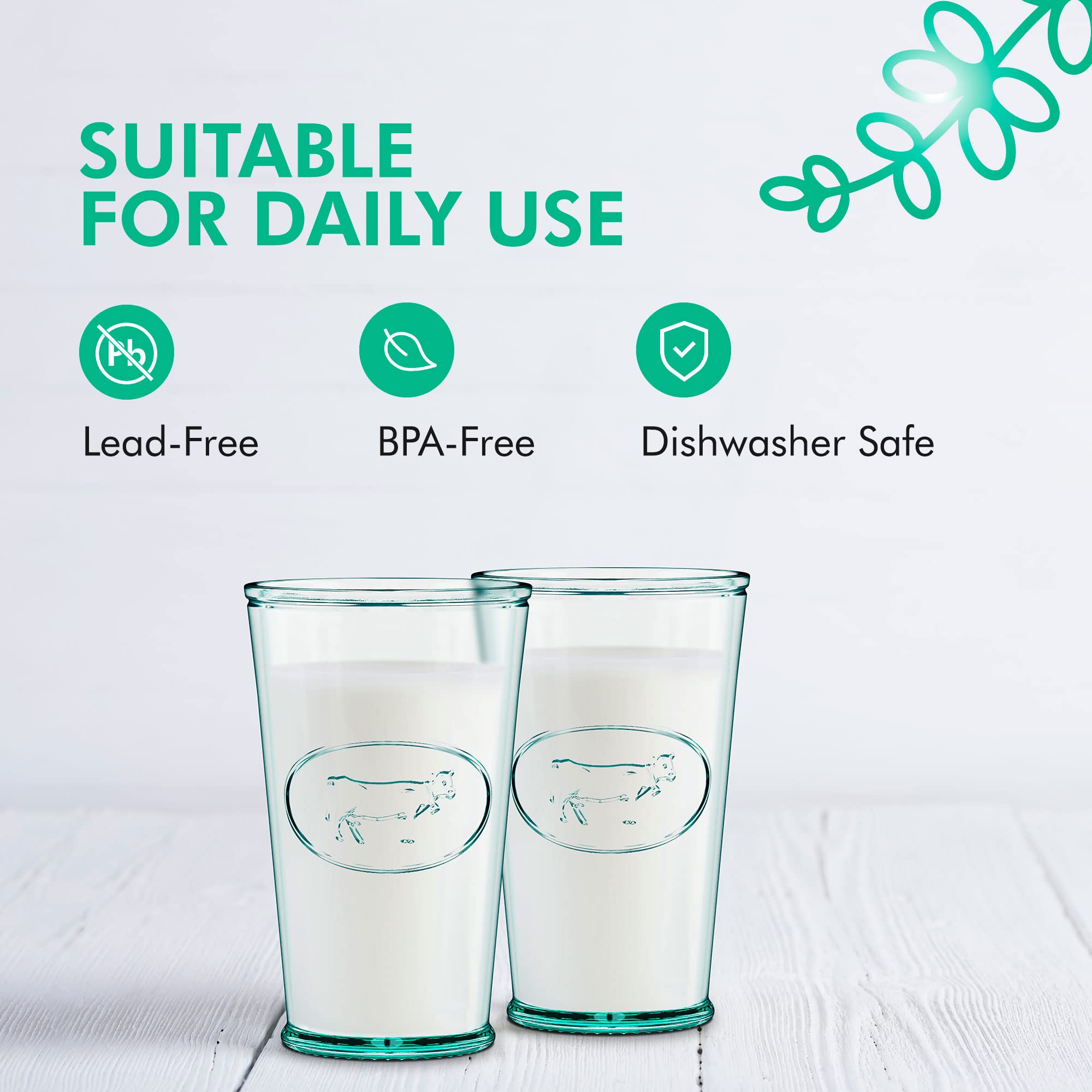 Amici Home Milk Glass | 11 Oz | Italian Made, Clear Recycled Glass with Green Tint | Cute Glass with Cow Motif for Milk, Water, Juice, Cocktails, Fresh Drinks (Set of 6)