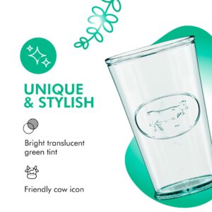 Amici Home Milk Glass | 11 Oz | Italian Made, Clear Recycled Glass with Green Tint | Cute Glass with Cow Motif for Milk, Water, Juice, Cocktails, Fresh Drinks (Set of 6)