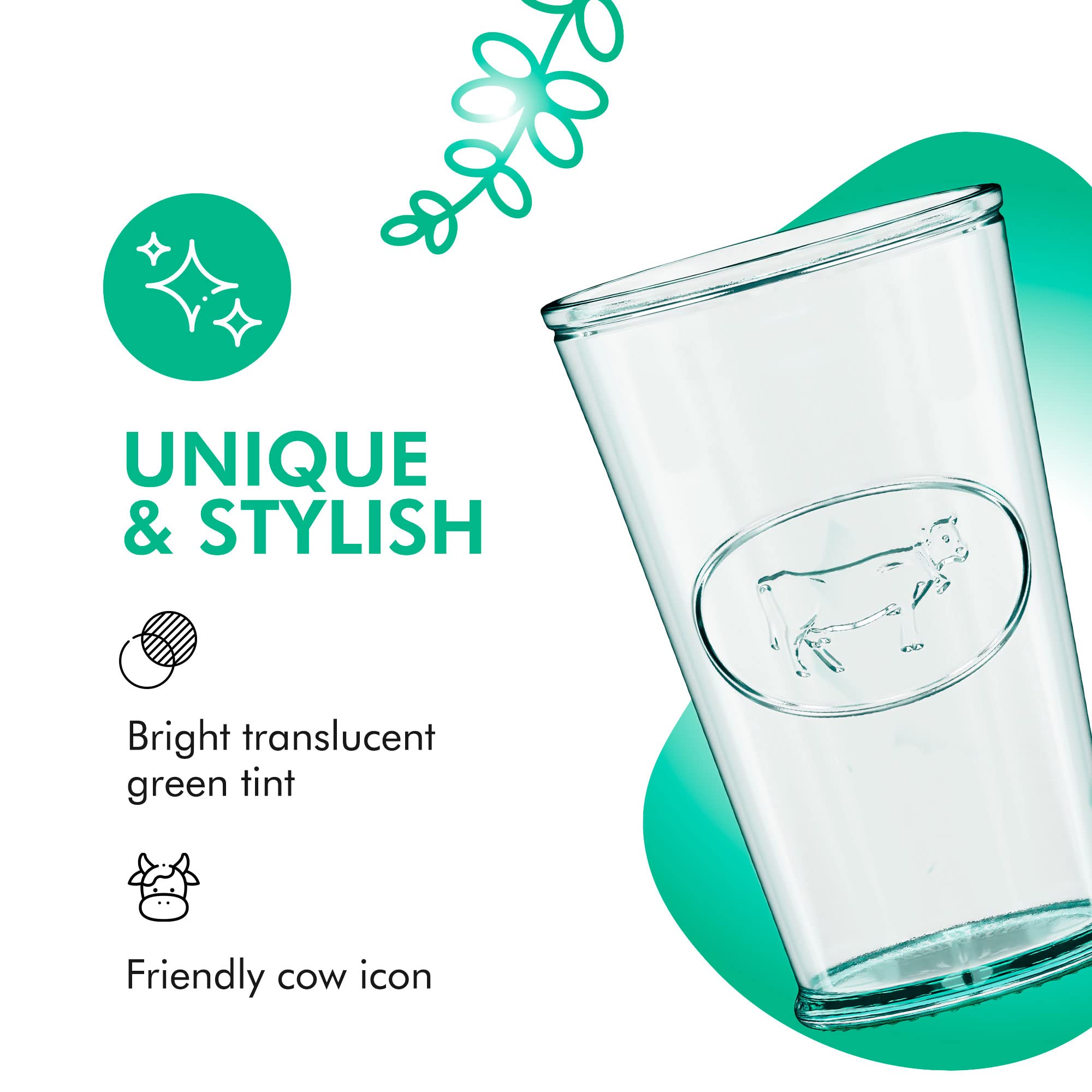 Amici Home Milk Glass | 11 Oz | Italian Made, Clear Recycled Glass with Green Tint | Cute Glass with Cow Motif for Milk, Water, Juice, Cocktails, Fresh Drinks (Set of 6)