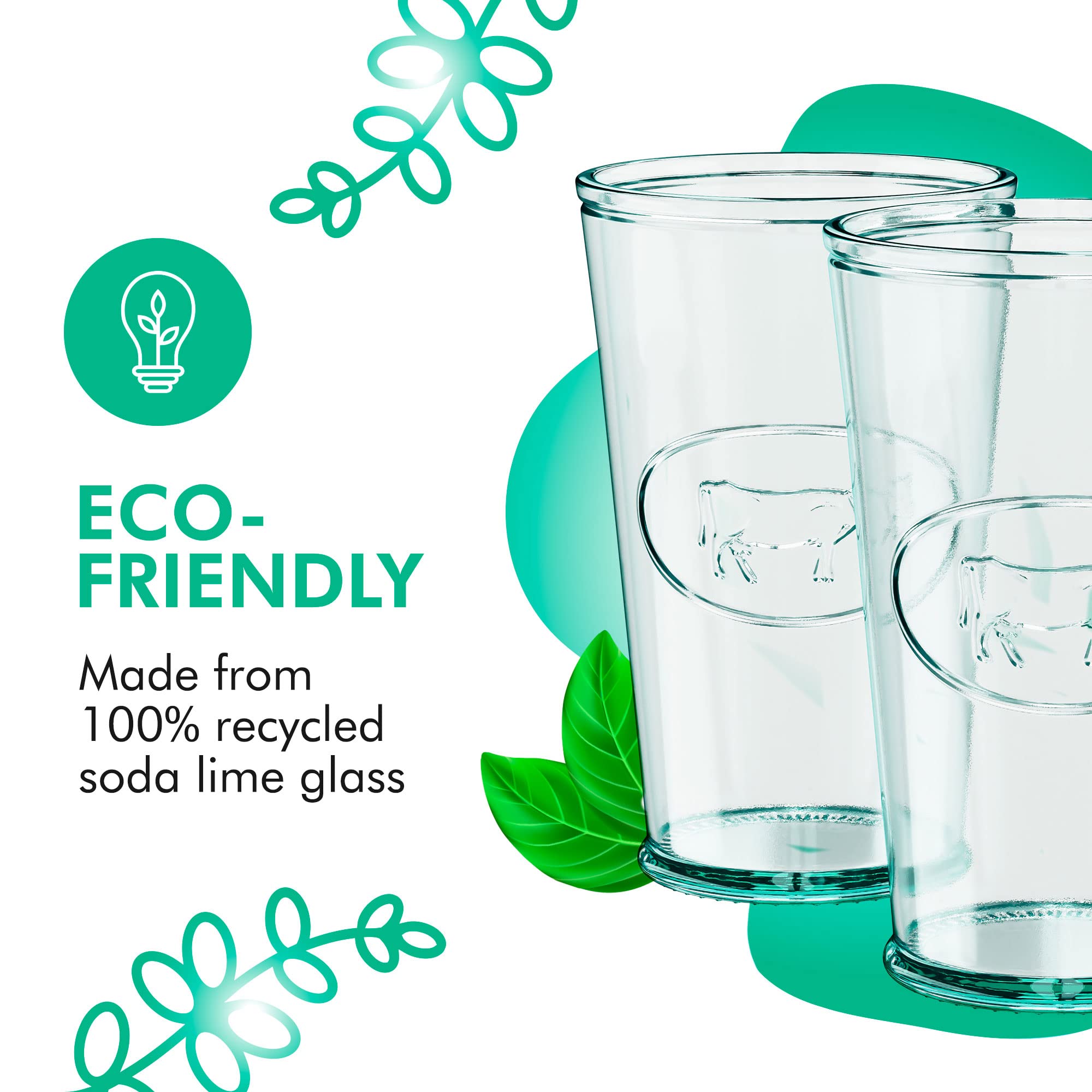 Amici Home Milk Glass | 11 Oz | Italian Made, Clear Recycled Glass with Green Tint | Cute Glass with Cow Motif for Milk, Water, Juice, Cocktails, Fresh Drinks (Set of 6)