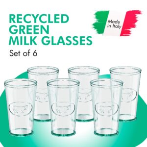 Amici Home Milk Glass | 11 Oz | Italian Made, Clear Recycled Glass with Green Tint | Cute Glass with Cow Motif for Milk, Water, Juice, Cocktails, Fresh Drinks (Set of 6)