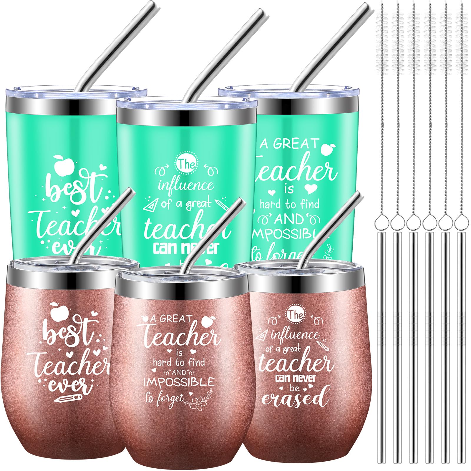 Jinei 6 Pcs Teacher Gifts Wine Tumbler Set Teacher Appreciation Gifts, Funny Thank You Birthday Graduation Gifts for Teachers Professors Nurse, 12 oz/ 20oz Coffee Mug with Lid Straw(Teacher)