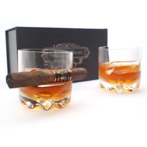 old fashioned whiskey cigar glass, with holder - set of 2, indented cigar rest, gift for men who have everything, dads, boyfriend, godfather, husband for birthday, smokers lovers for bourbon, scotch