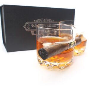 Old Fashioned Whiskey Cigar Glass, with Holder - Set of 2, Indented Cigar Rest, Gift for Men Who Have Everything, Dads, Boyfriend, Godfather, Husband for Birthday, smokers lovers for Bourbon, Scotch