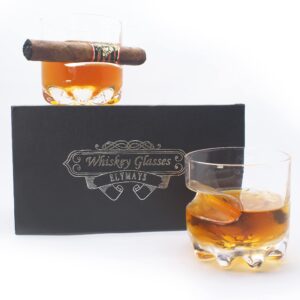 Old Fashioned Whiskey Cigar Glass, with Holder - Set of 2, Indented Cigar Rest, Gift for Men Who Have Everything, Dads, Boyfriend, Godfather, Husband for Birthday, smokers lovers for Bourbon, Scotch