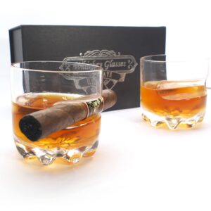 Old Fashioned Whiskey Cigar Glass, with Holder - Set of 2, Indented Cigar Rest, Gift for Men Who Have Everything, Dads, Boyfriend, Godfather, Husband for Birthday, smokers lovers for Bourbon, Scotch