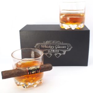 Old Fashioned Whiskey Cigar Glass, with Holder - Set of 2, Indented Cigar Rest, Gift for Men Who Have Everything, Dads, Boyfriend, Godfather, Husband for Birthday, smokers lovers for Bourbon, Scotch