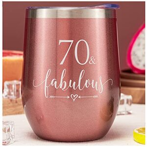 crisky rose gold 70 & fabulous wine tumbler for women 70th birthday gifts for women, wife, mom, sister, aunt, friends, coworker her, vacuum insulated coffee cup,12oz with box, lid, straw