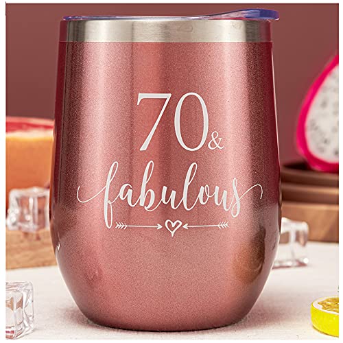 Crisky Rose Gold 70 & Fabulous Wine Tumbler for Women 70th Birthday Gifts for Women, Wife, Mom, Sister, Aunt, Friends, Coworker Her, Vacuum Insulated Coffee Cup,12oz with Box, Lid, Straw