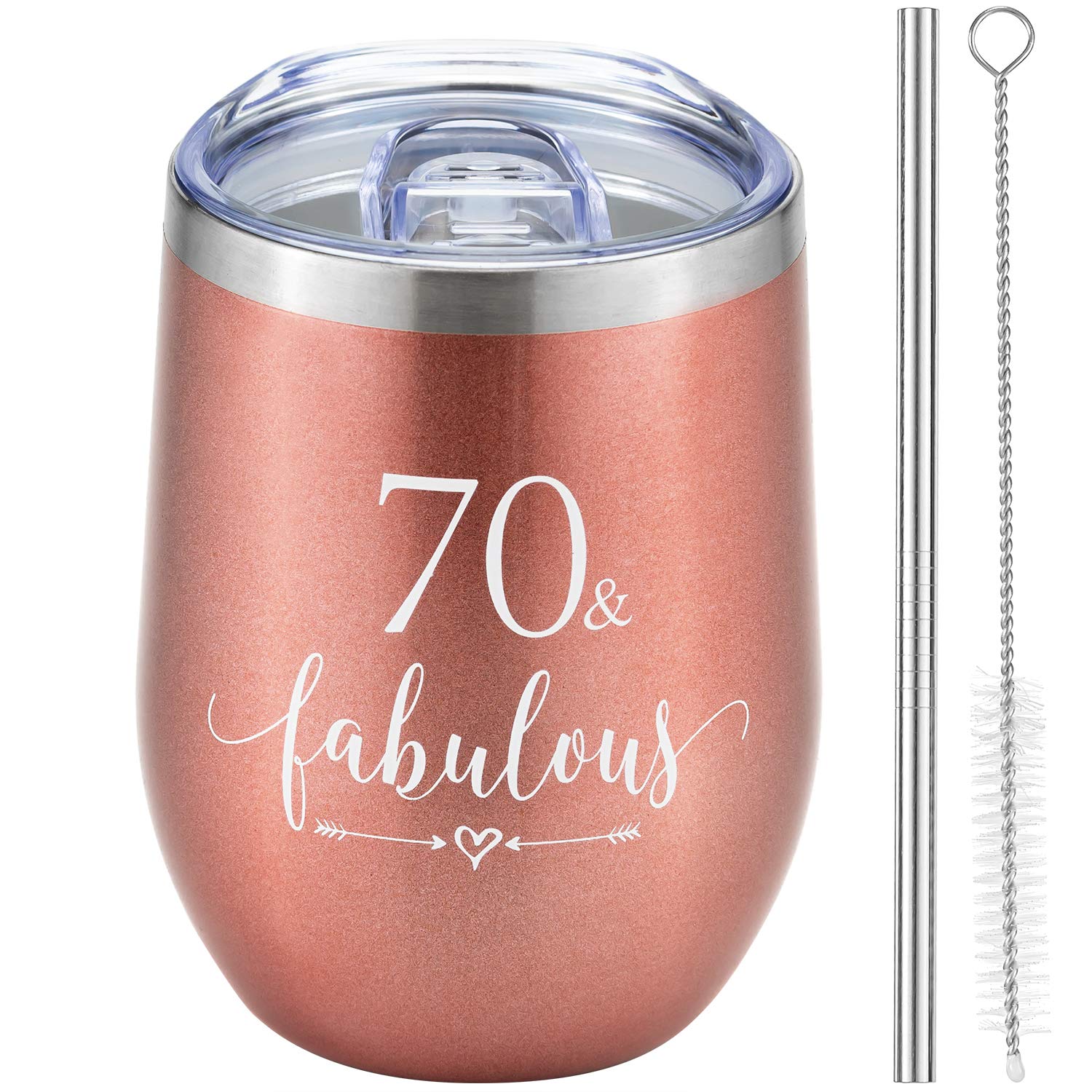 Crisky Rose Gold 70 & Fabulous Wine Tumbler for Women 70th Birthday Gifts for Women, Wife, Mom, Sister, Aunt, Friends, Coworker Her, Vacuum Insulated Coffee Cup,12oz with Box, Lid, Straw