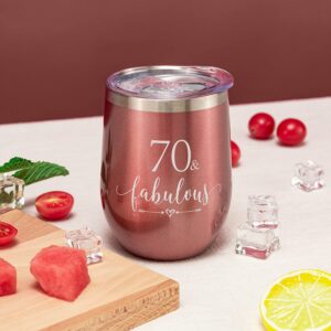 Crisky Rose Gold 70 & Fabulous Wine Tumbler for Women 70th Birthday Gifts for Women, Wife, Mom, Sister, Aunt, Friends, Coworker Her, Vacuum Insulated Coffee Cup,12oz with Box, Lid, Straw