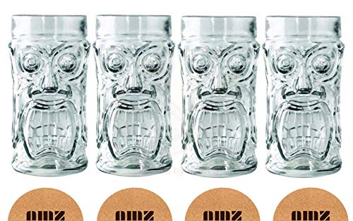 AMZ Empire Screaming Tiki Glasses 16 oz Cooler Glass, 4 Pieces, Modern Bar Party Set With Picks