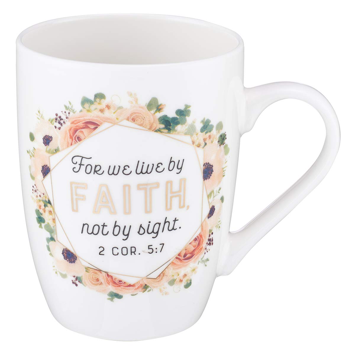 Christian Art Gifts Ceramic Scripture Coffee and Tea Mug 12 oz Inspirational Bible Verse Mug for Men and Women: Live By Faith - 2 Corinthians 5:7 Lead and Cadmium-free Novelty Floral White Mug