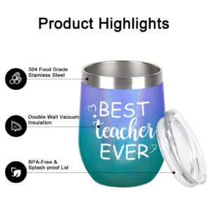 Qtencas Teacher Gifts, Best Teacher Ever Tumbler with Lid, Thank You Appreciation Gifts for Teacher Women on Birthday Christmas, 12 Oz Insulated Stainless Steel Wine Tumbler, Glitter