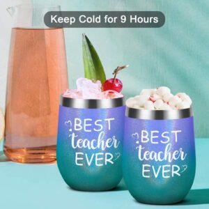 Qtencas Teacher Gifts, Best Teacher Ever Tumbler with Lid, Thank You Appreciation Gifts for Teacher Women on Birthday Christmas, 12 Oz Insulated Stainless Steel Wine Tumbler, Glitter