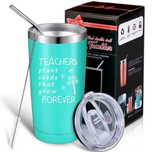 teachers plant seeds that grow forever, thank you teacher appreciation for women men, double wall stainless steel wine tumbler cup with box, thanksgiving (mint)