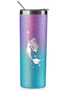 onebttl mermaid gifts for girls & women - 20oz/590ml stainless steel insulated tumbler with straw & lid, message card - be mermazing (glitter purple)