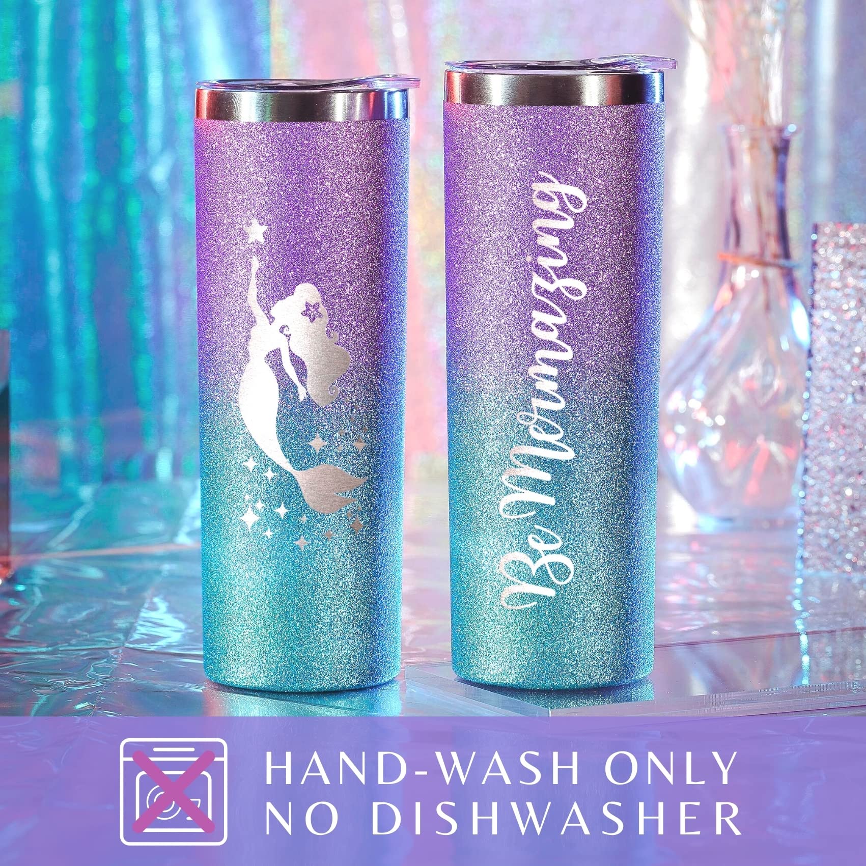 Onebttl Mermaid Gifts for Girls & Women - 20oz/590ml Stainless Steel Insulated Tumbler with Straw & Lid, Message Card - Be Mermazing (Glitter Purple)