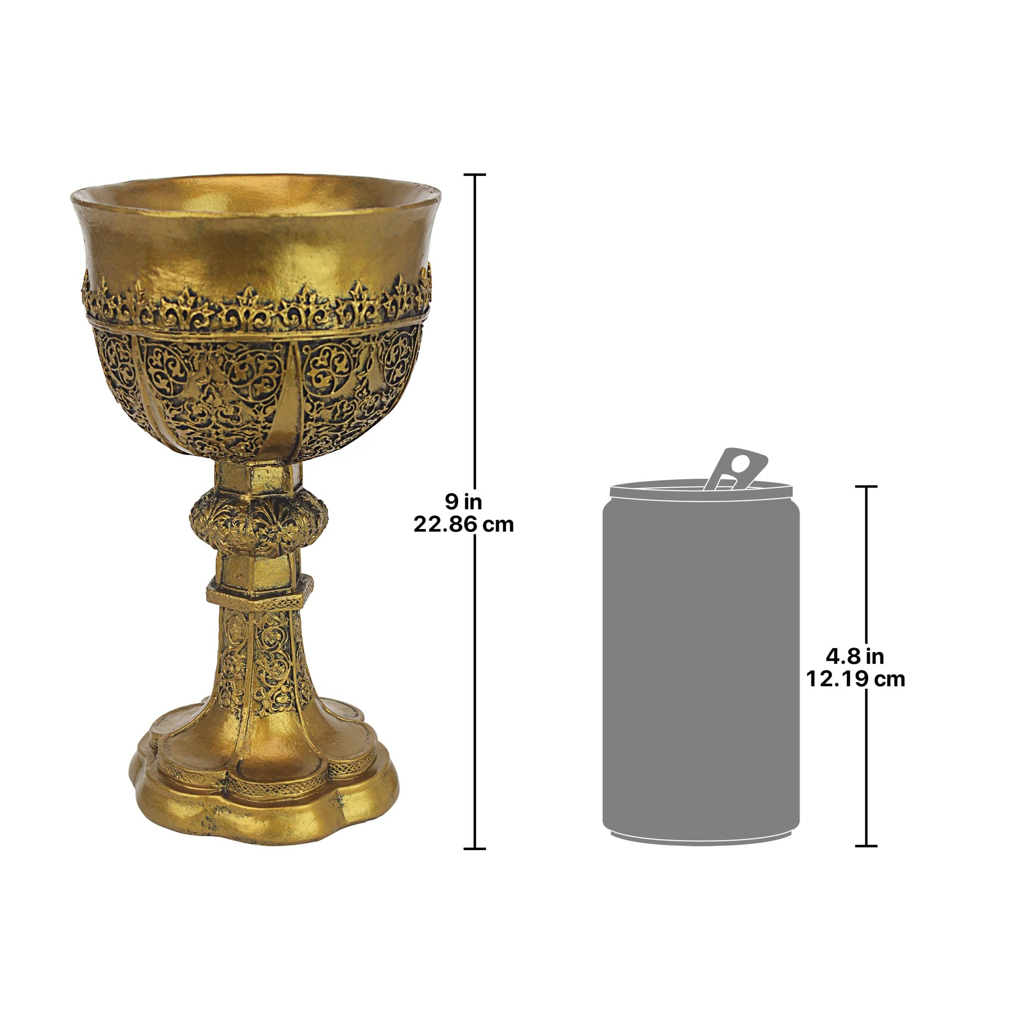 Design Toscano Golden Chalice of King Arthur Medieval Décor Decorative Gothic Goblet Sculpture, 5 Inches Wide, 5 Inches Deep, 9 Inches High, Metallic Gold Finish