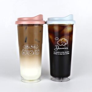ggümm studio 2-pack of 20oz plastic coffee cup with lid, bpa-free ice coffee cup, reusable cup set for iced coffee