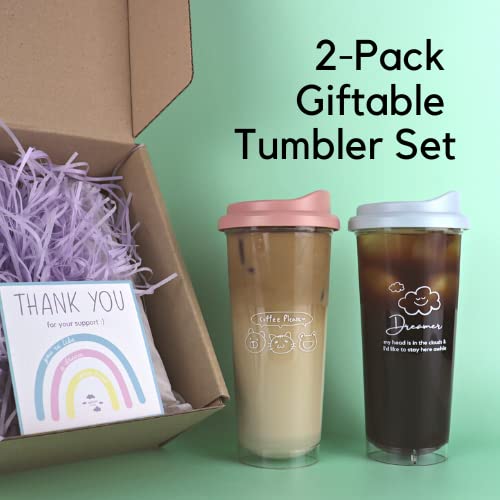 ggümm studio 2-PACK of 20oz Plastic Coffee Cup with Lid, BPA-free Ice Coffee Cup, Reusable Cup Set for Iced Coffee