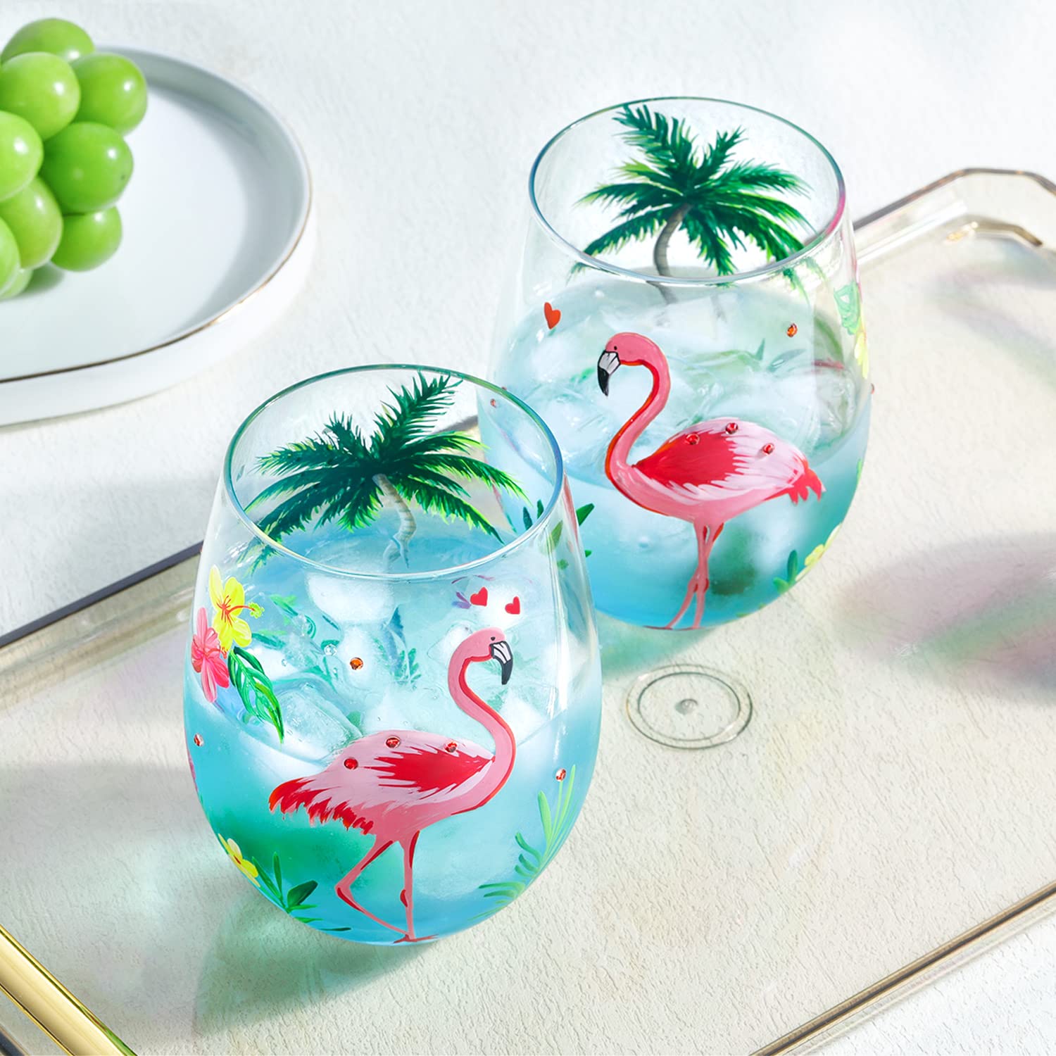 NymphFable Set of 2 Flamingo Stemless Gin Cocktail Glass Tumbler Hand Painted Wine Glass Flamingo Gifts for Women with Gift Box, 18oz