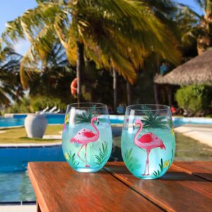 NymphFable Set of 2 Flamingo Stemless Gin Cocktail Glass Tumbler Hand Painted Wine Glass Flamingo Gifts for Women with Gift Box, 18oz