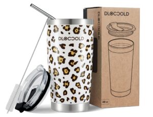 dloccold 20 oz leopard tumbler with lid and straw, 18/8 stainless steel vacuum insulated tumbler,insulated travel mug water cup with leak-proof flip lid,metal straw,cleaning brush & gift box