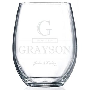 personalized wedding wine glass, premium 21oz stemless wine glass laser engraved with your wedding or anniversary information! customized gifts for women anniversary gifts or couples gifts