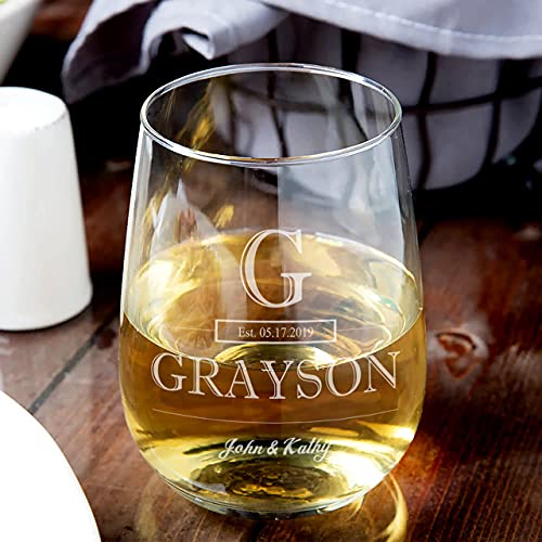 Personalized Wedding Wine Glass, Premium 21oz Stemless Wine Glass Laser Engraved with your Wedding or Anniversary Information! Customized Gifts for Women Anniversary Gifts or Couples Gifts