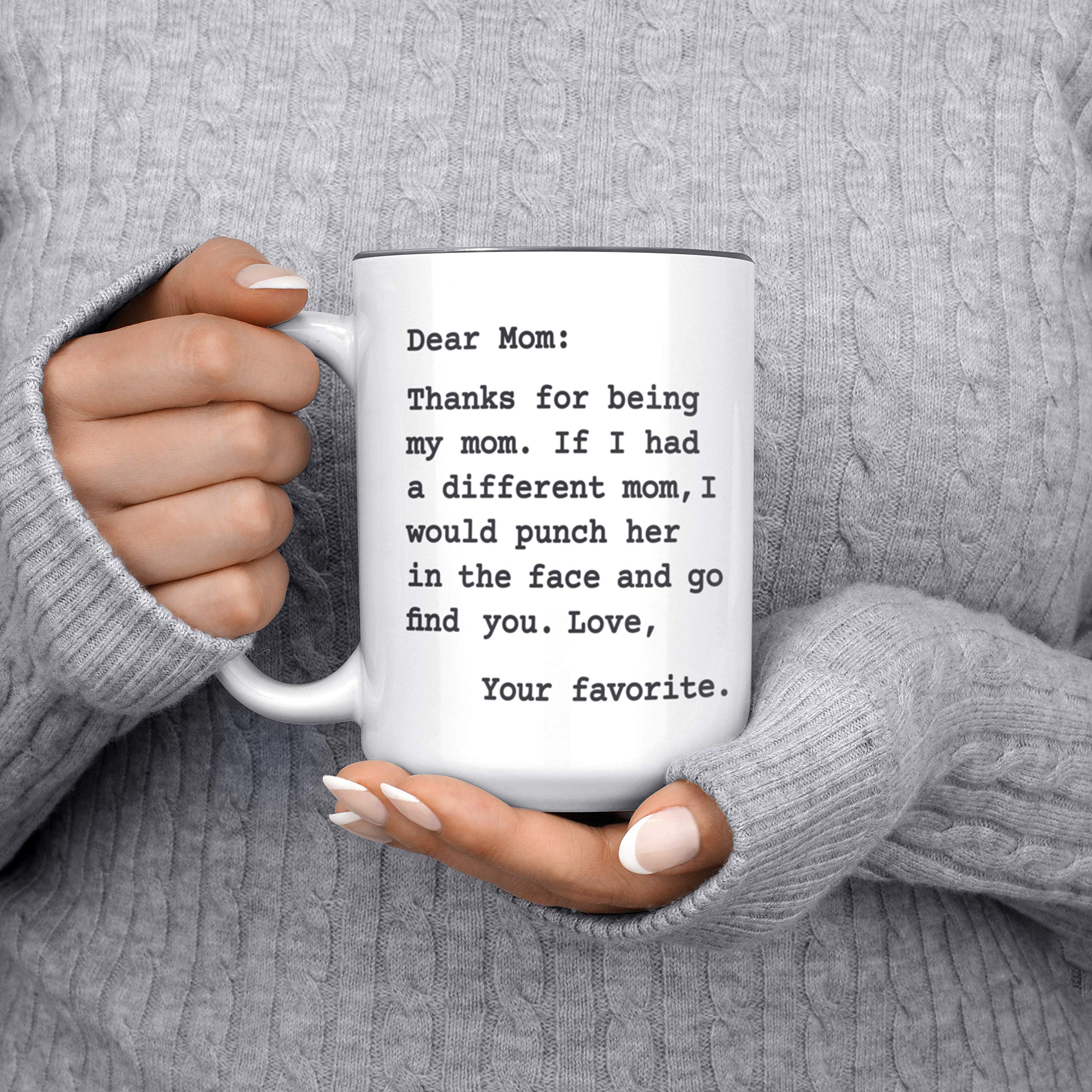 Artisan Owl Dear Mom, I'd Punch Another Mom In The Face Mug - 15oz Deluxe Double-Sided Coffee Tea Mug (White/Black Inlay)