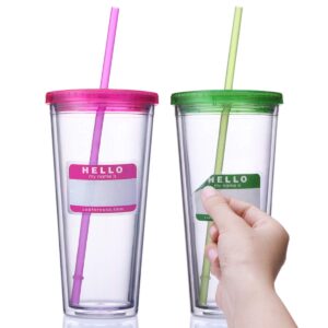 cupture classic insulated double wall tumbler cup with lid, reusable straw & hello name tags - 24 oz, 2 pack (green/pink)